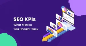 Illustration showing SEO KPIs with charts and graphs on a computer screen and arrows representing growth, on a purple background